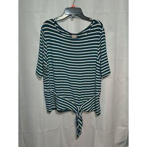 CHICO'S 2 Short Sleeve Tie Front Striped Top Green White Size Large